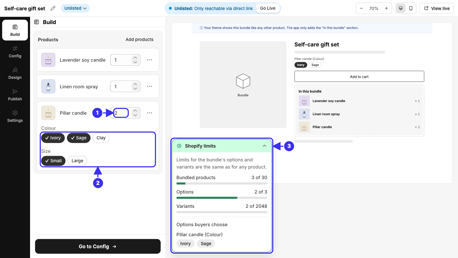 A fixed bundle's Build tab with the Shopify limits card open