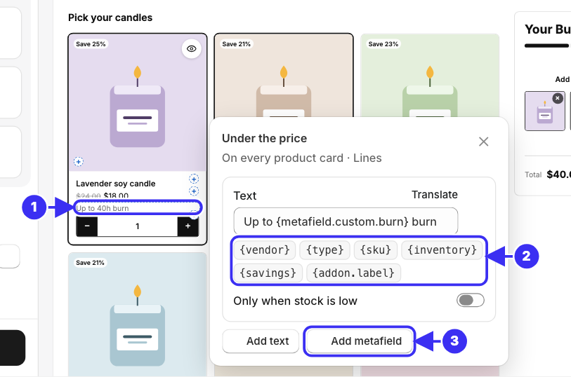 A product card in the editor preview with its Under the price popover open