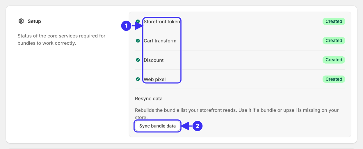The settings page with the four setup services created